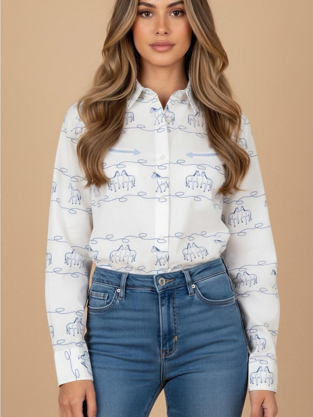 Wrangler Blues Retro Womens Ivory Horse Western Shirt L Cotton Equestrian Rodeo